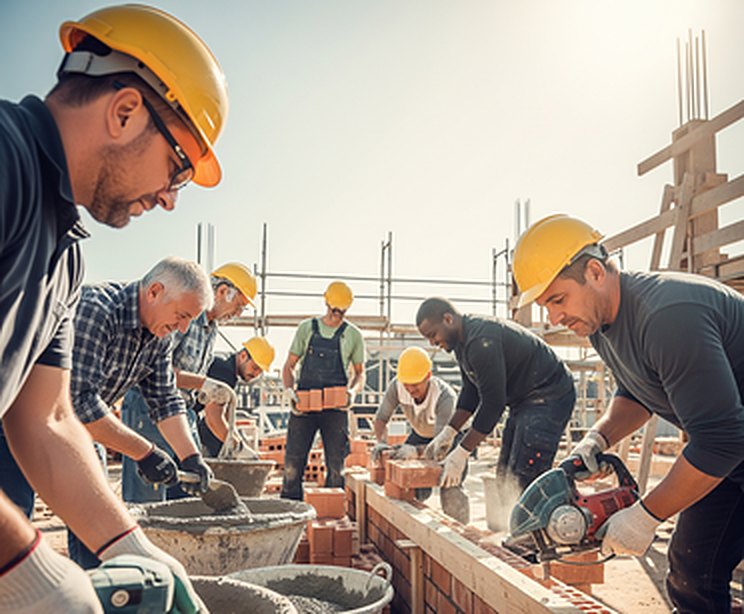 Construction team of bricklayers and tradespeople in hard hats laying bricks on a New Zealand building project