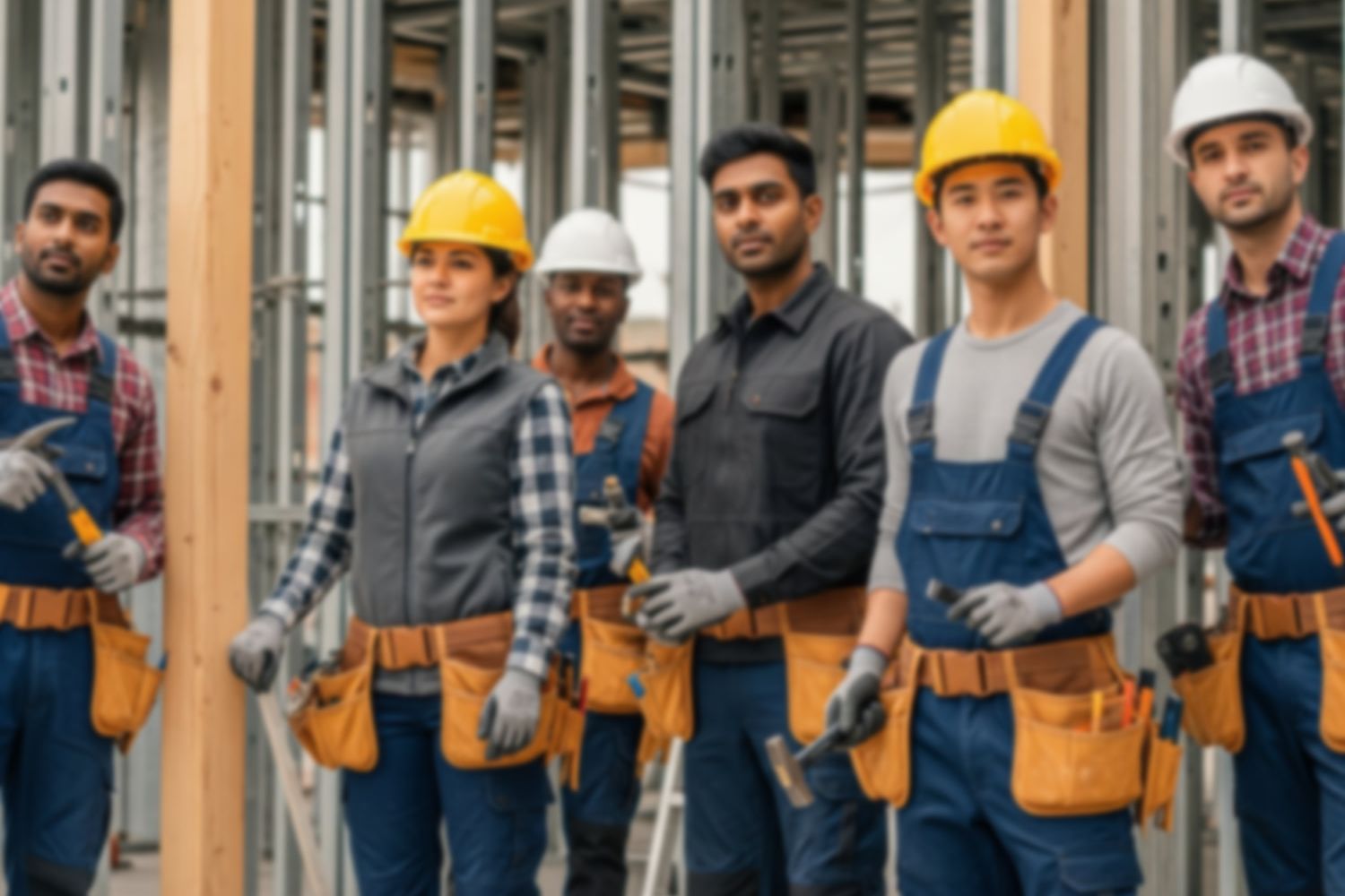 Team of New Zealand builders, carpenters and construction tradespeople in hard hats and tool belts on a building site - building and construction CV writing NZ